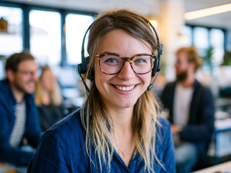 Freundliche Kundenberaterin mit Headset im hellen Büro von Faber Lotto-Service